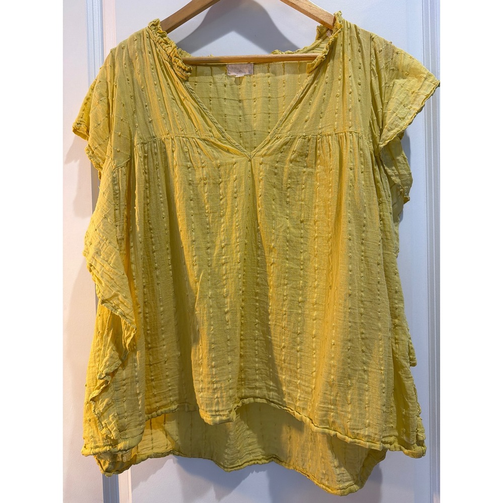 World Market Mustard Yellow Dobby Ruffle V-Neck Blouse L/XL Flutter Sleeve Boho